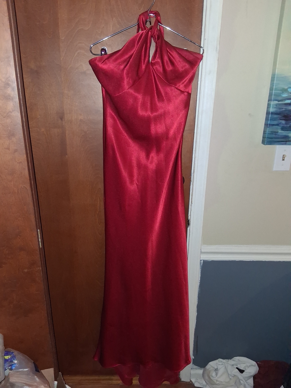 Red Satin Halter Maxi Dress
